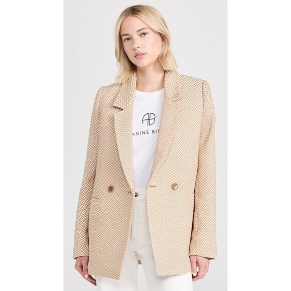💕ANINE BING💕 Tweed Double Breasted Fishbone Blazer ~ Tan & Cream XL - Picture 1 of 16